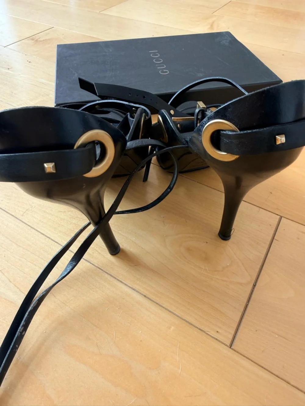 Gucci Black Leather Studded Wrap Heels with Gold Accents very good condition - Picture 2 of 3